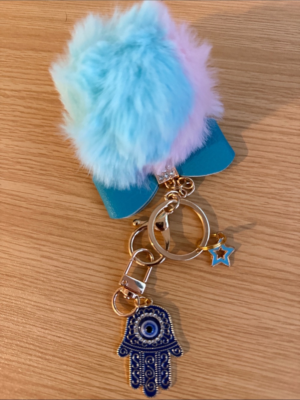 Pastel Fuzzy Pom Pom Keychain with Hamsa Charm